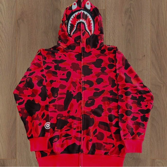 Red BAPE Camo Shark Full Zip Hoodie - Picture 1 of 6